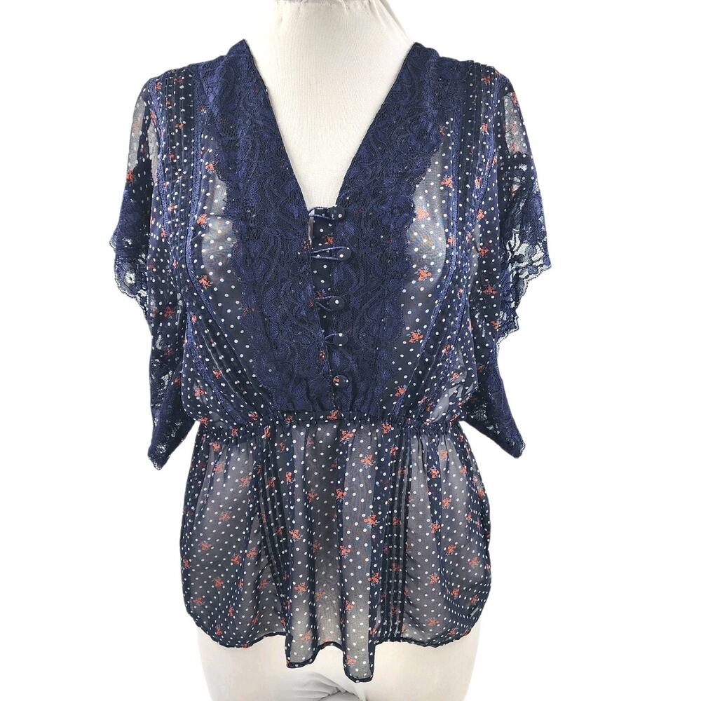 Guess Sheer Floral Print Shirt Peplum Top Lase Trimmed Sleeves Y2K Womens Small